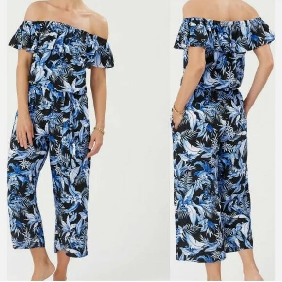 Tommy Bahama Off the Shoulder Blue Tropical Jumpsuit - Picture 8 of 9